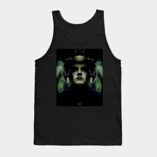 Portrait, digital collage, special processing. Dark, strong. Guy face looking up high. Fantasy. Green and violet. Tank Top